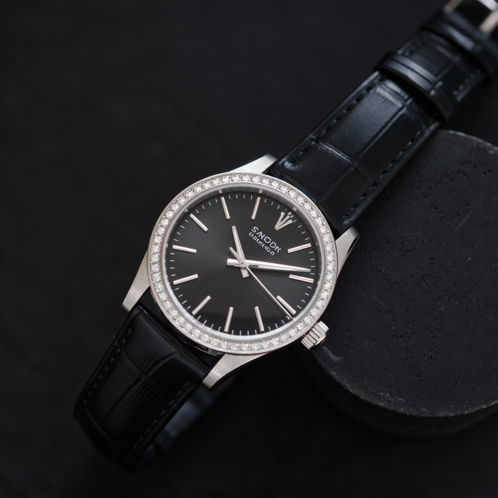 Luxury watch product shot on matte black acrylic, top-down studio lighting with softbox highlights, hyper-detailed metal and sapphire reflections, macro 100mm lens, seamless backdrop, high clarity.