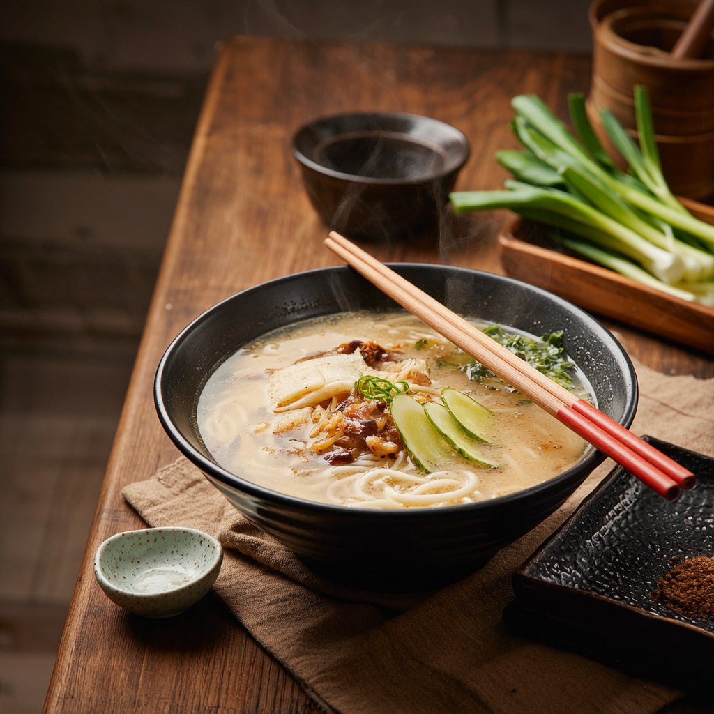 Gourmet ramen bowl on rustic wooden table, steam rising, chopsticks resting on ceramic, soft side light, food styling props (ginger, scallions), overhead 50mm equivalent, crisp textures.