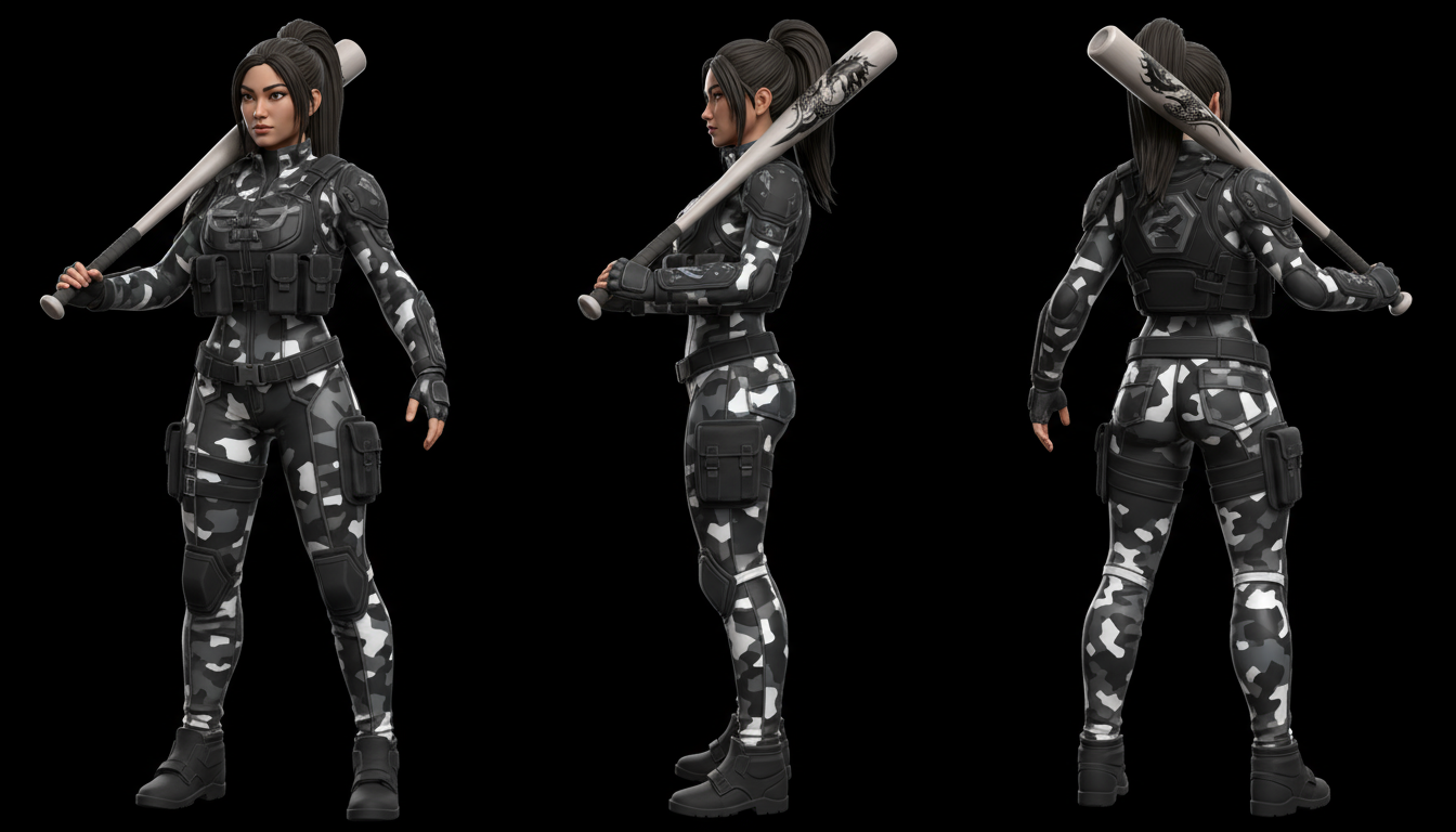 3D character turnaround of heroic Asian-American woman in urban camo