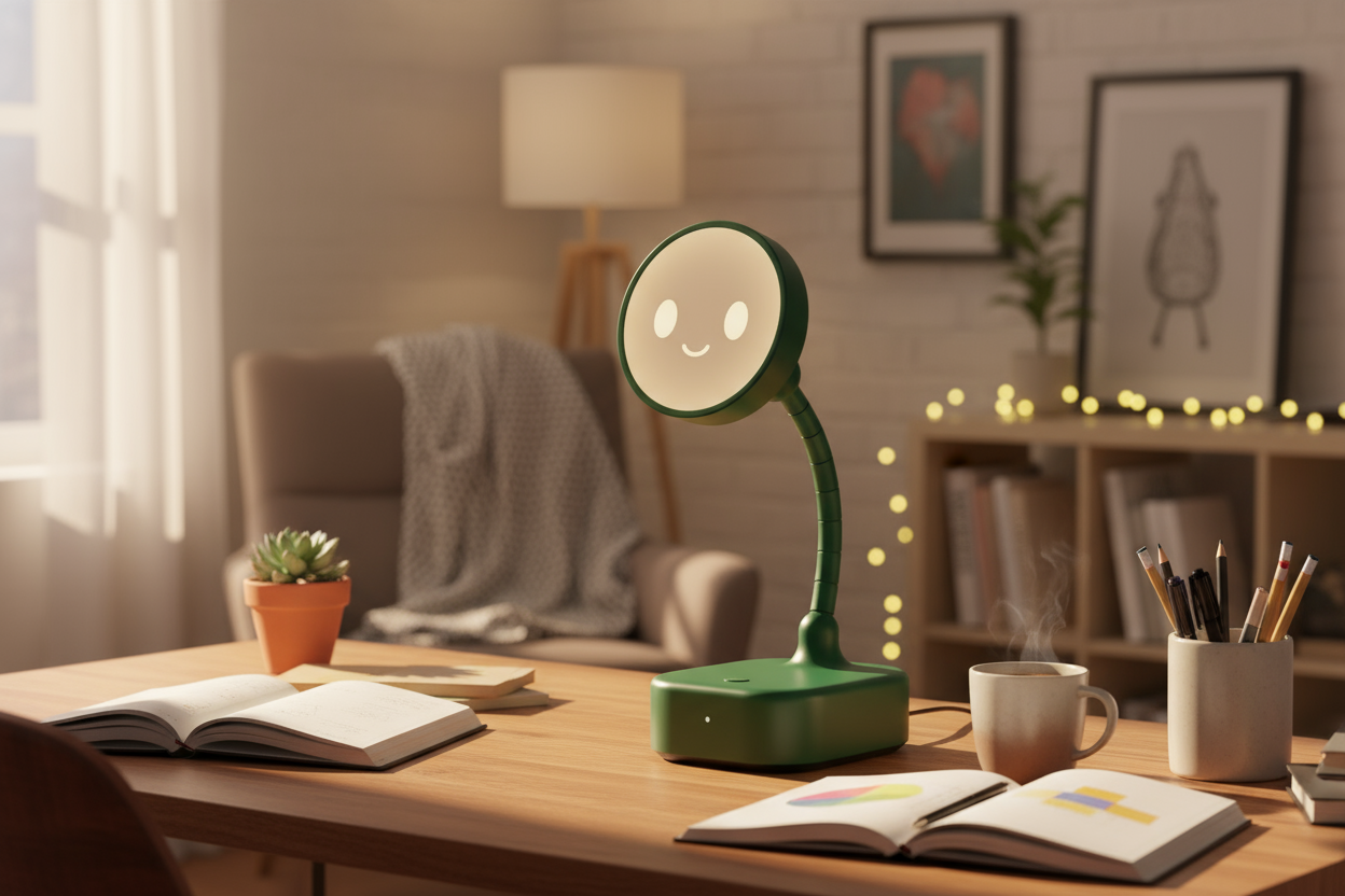 Gadget on a warm, lived-in home office desk