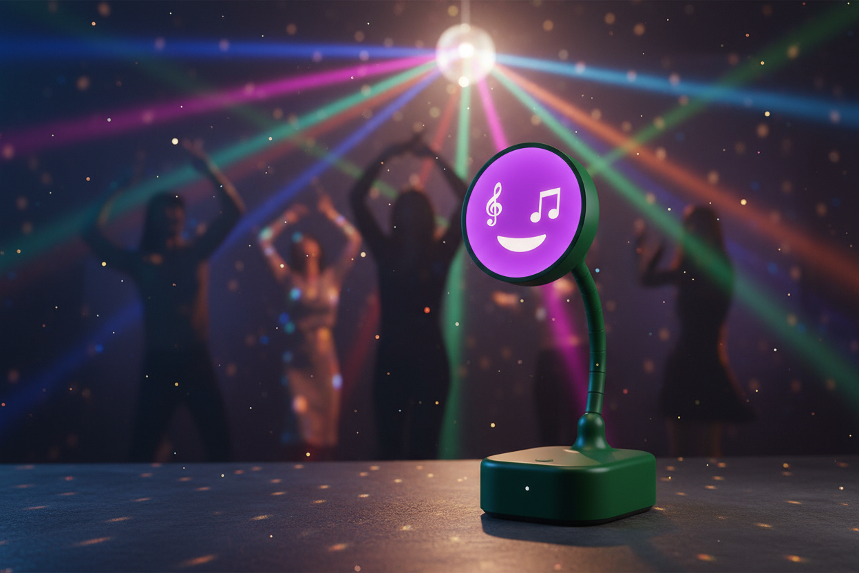 Gadget glowing purple with music note eyes in music mode