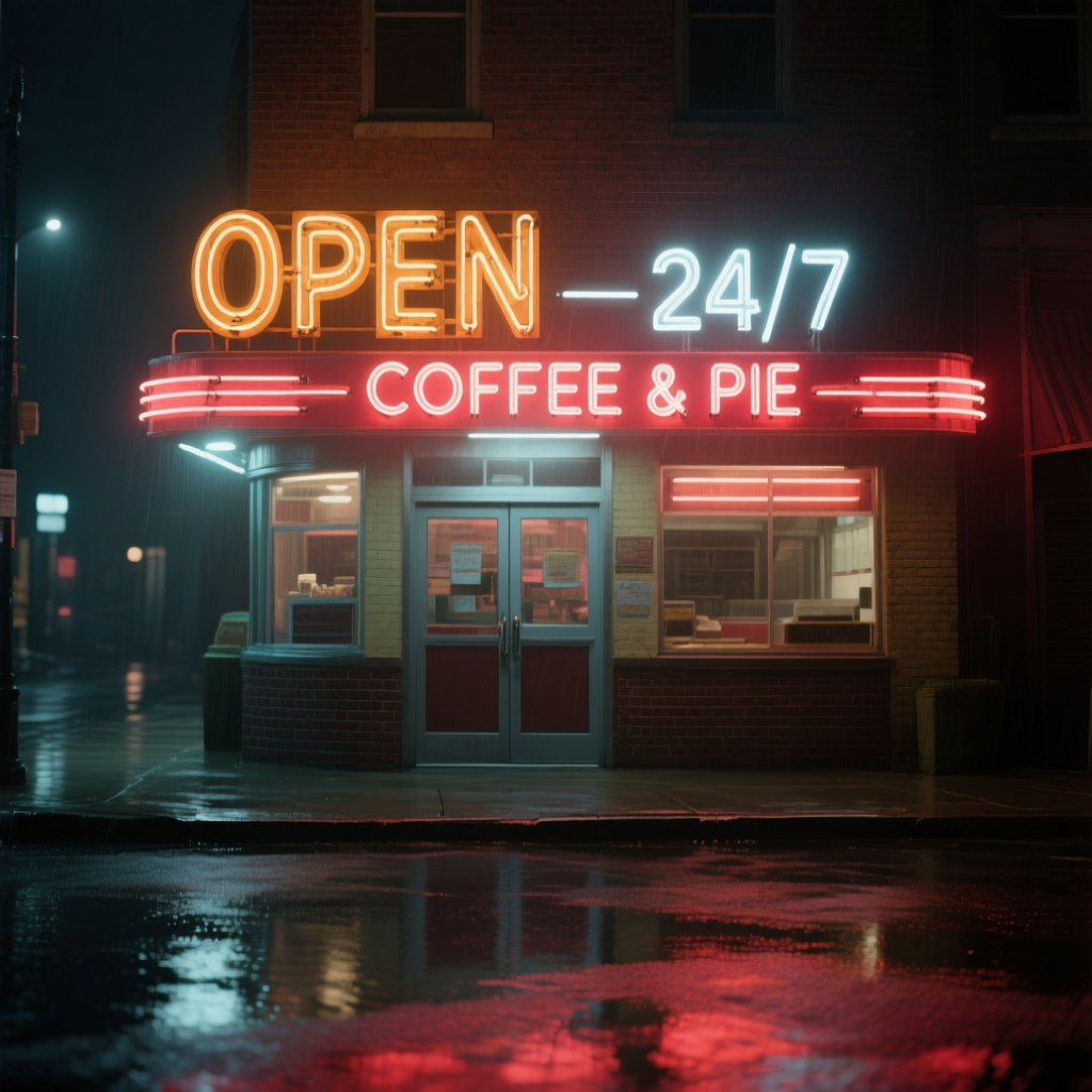 “Night street scene with a glowing neon sign above a diner. The sign reads ‘OPEN 24/7 — COFFEE & PIE’ in uppercase geometric sans-serif, amber tubes for ‘OPEN’, cool white for ‘24/7’, and soft red for ‘COFFEE & PIE’. Accurate tube bends, uniform stroke widths, halo glow on brick facade, slight rain slick reflections on the pavement. Cinematic framing, high dynamic range, fine grain, 8K photorealism.”