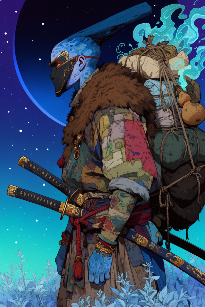 A blue-skinned warrior carries a towering pack through a starry sci-fi fantasy dreamscape.