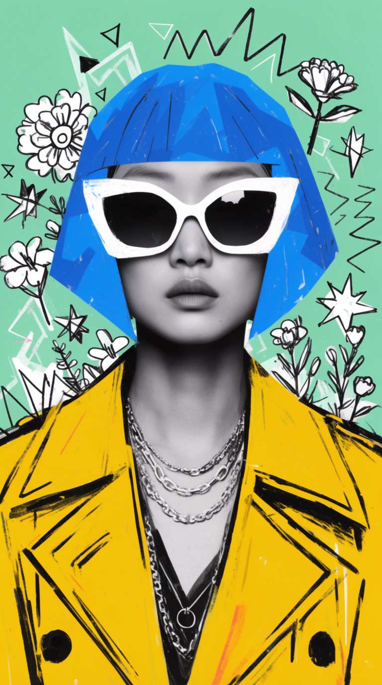Mixed-media portrait of an East Asian woman with a blue bob haircut, white sunglasses, and yellow trench coat.