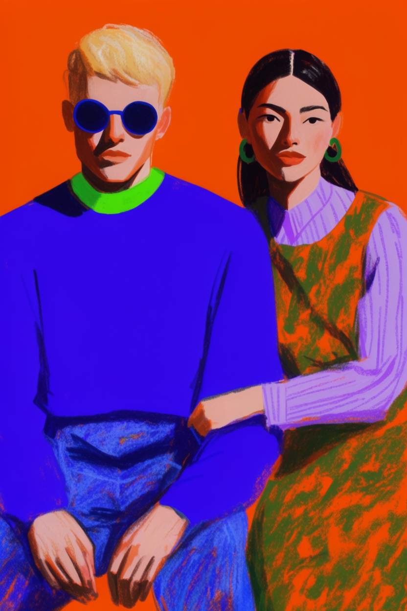 Two fashionable figures pose against a flat orange background in a bold painterly illustration.