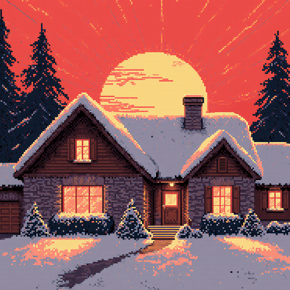 8 bit pixel art of the world's coziest house, warm cinematic lighting, red sunset, winter